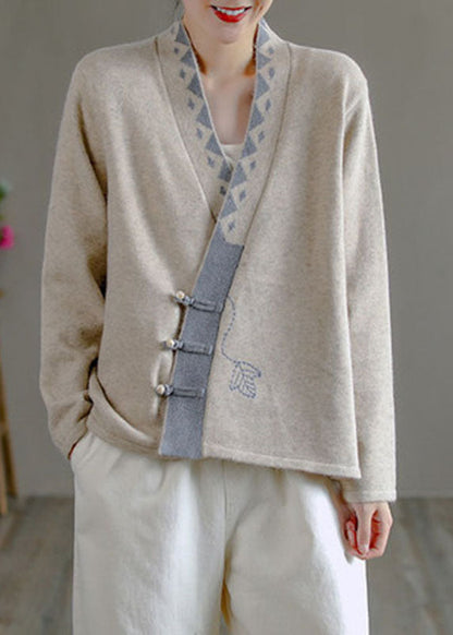 Art Beige V Neck Embroideried Asymmetrical Design Patchwork Fall Knit Sweaters
