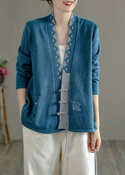 Art Beige V Neck Embroideried Asymmetrical Design Patchwork Fall Knit Sweaters