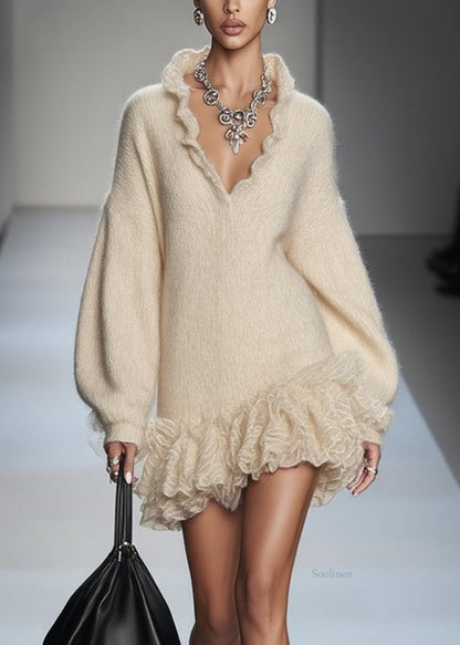 Art Beige V Neck Lace Patchwork Knit Mini Dresses Spring