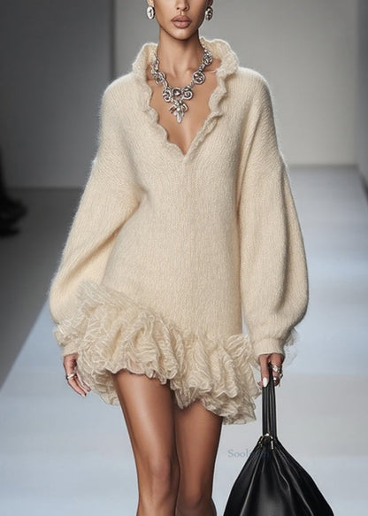 Art Beige V Neck Lace Patchwork Knit Mini Dresses Spring