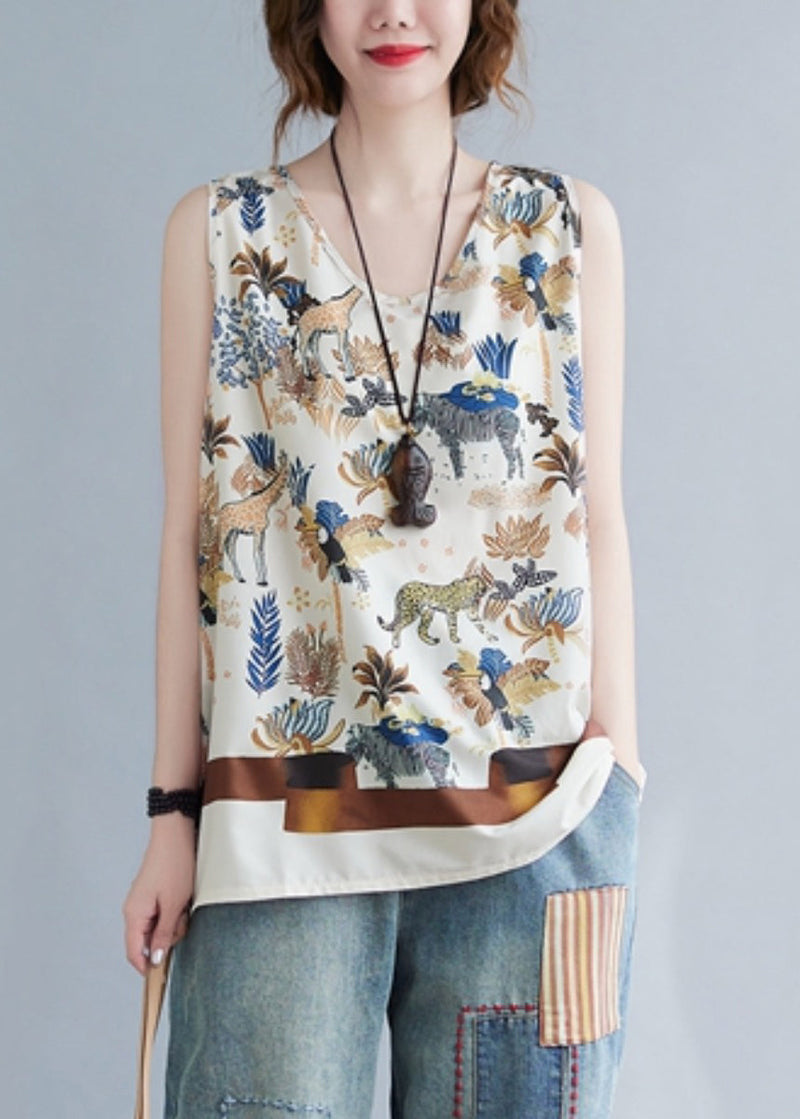 Art Beige V Neck Print Cotton Beach Vest Sleeveless