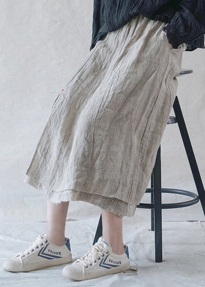 Art Beige Elastic Waist Pocket Double-deck Linen Skirts Spring