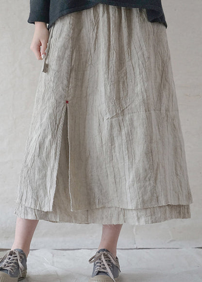 Art Beige Elastic Waist Pocket Double-deck Linen Skirts Spring
