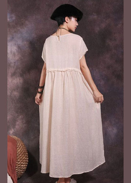 Art Beige Wrinkled Patchwork Cotton Long Dress Short Sleeve