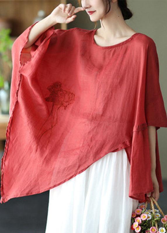 Art Yellow Text Asymmetrical Design Embroidered Summer Ramie Shirt Tops