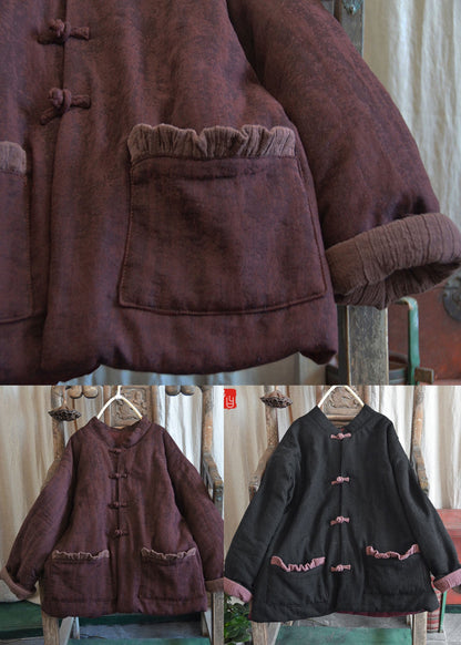 Art Black Button Fine Cotton Filled Puffers Jackets Winter