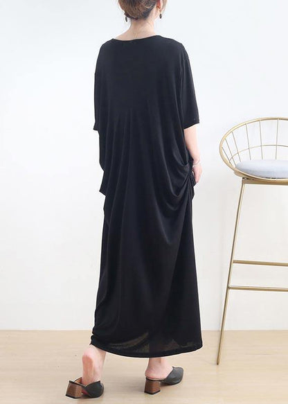 Art Black Cinched O-neck Summer Cotton Dress