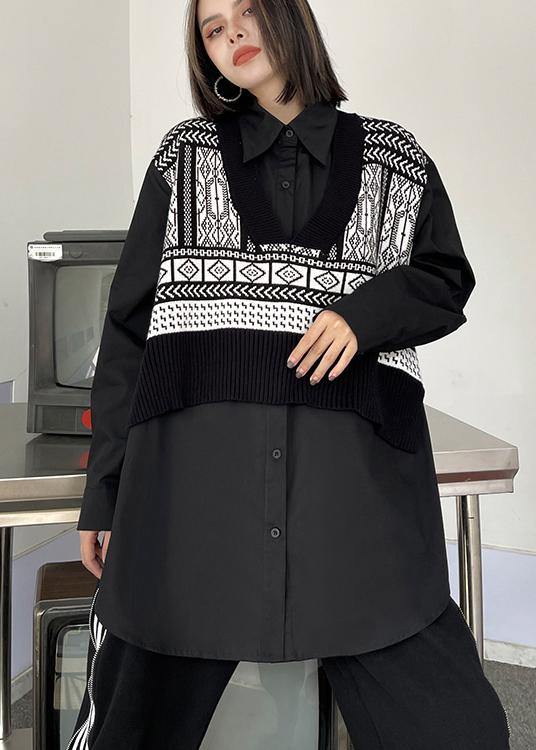 Art Black Clothes for Lapel False Two Pieces Loose Spring Blouse