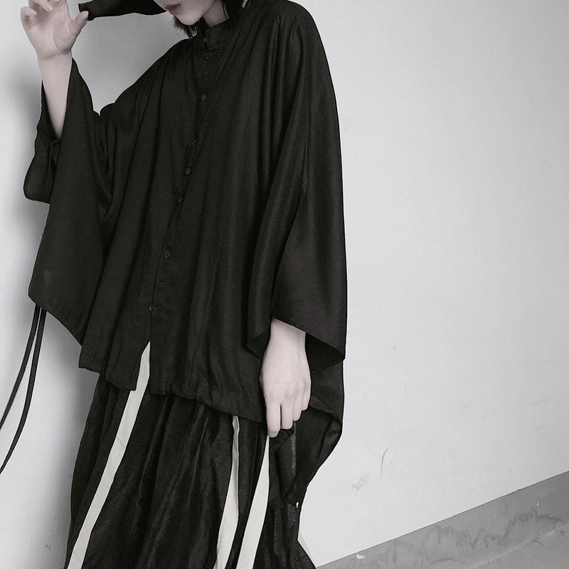 Art Black Clothes for Stand Collar Batwing Sleeve Baggy Shirts
