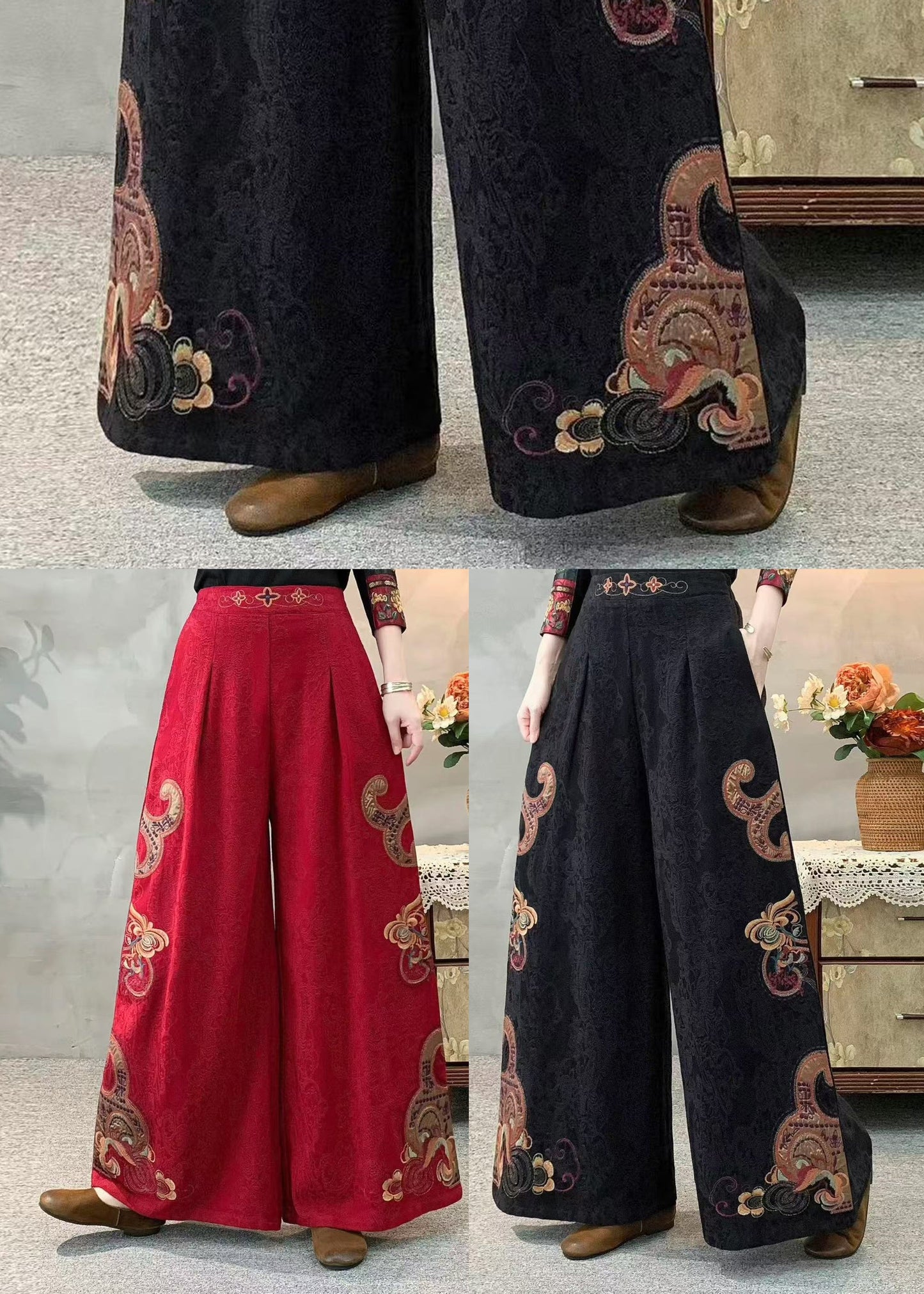Art Black Embroidered Linen Pants Trousers Spring