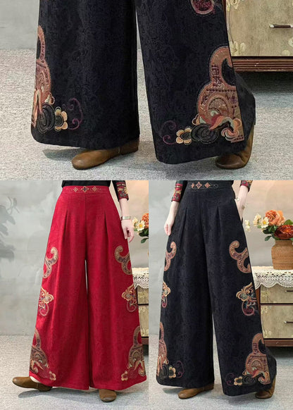 Art Black Embroidered Linen Pants Trousers Spring