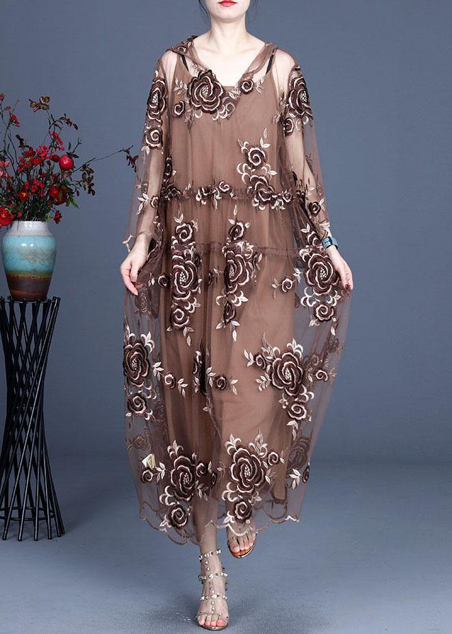 Art Black Embroideried Tulle Hooded Two Pieces Set