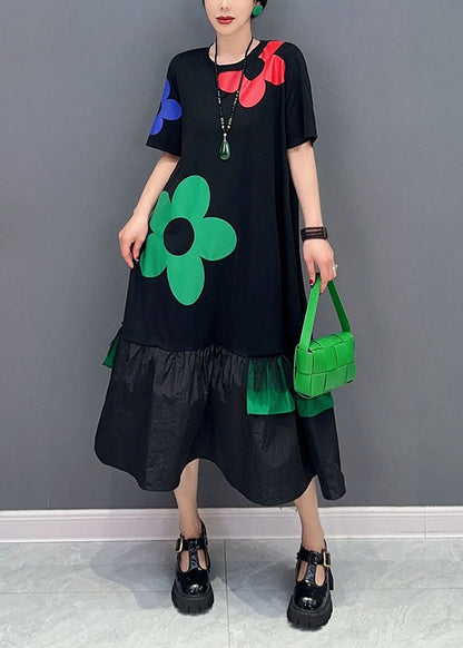 Art Black Patchwork Ruffles Cotton Long Dresses Summer