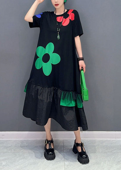 Art Black Patchwork Ruffles Cotton Long Dresses Summer