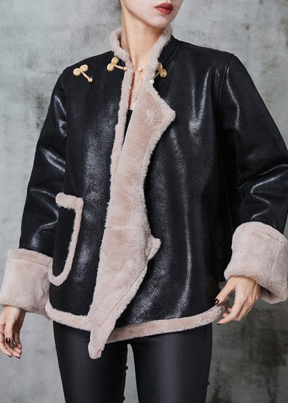 Art Black Mandarin Collar Warm Fleece Faux Suede Coats Spring