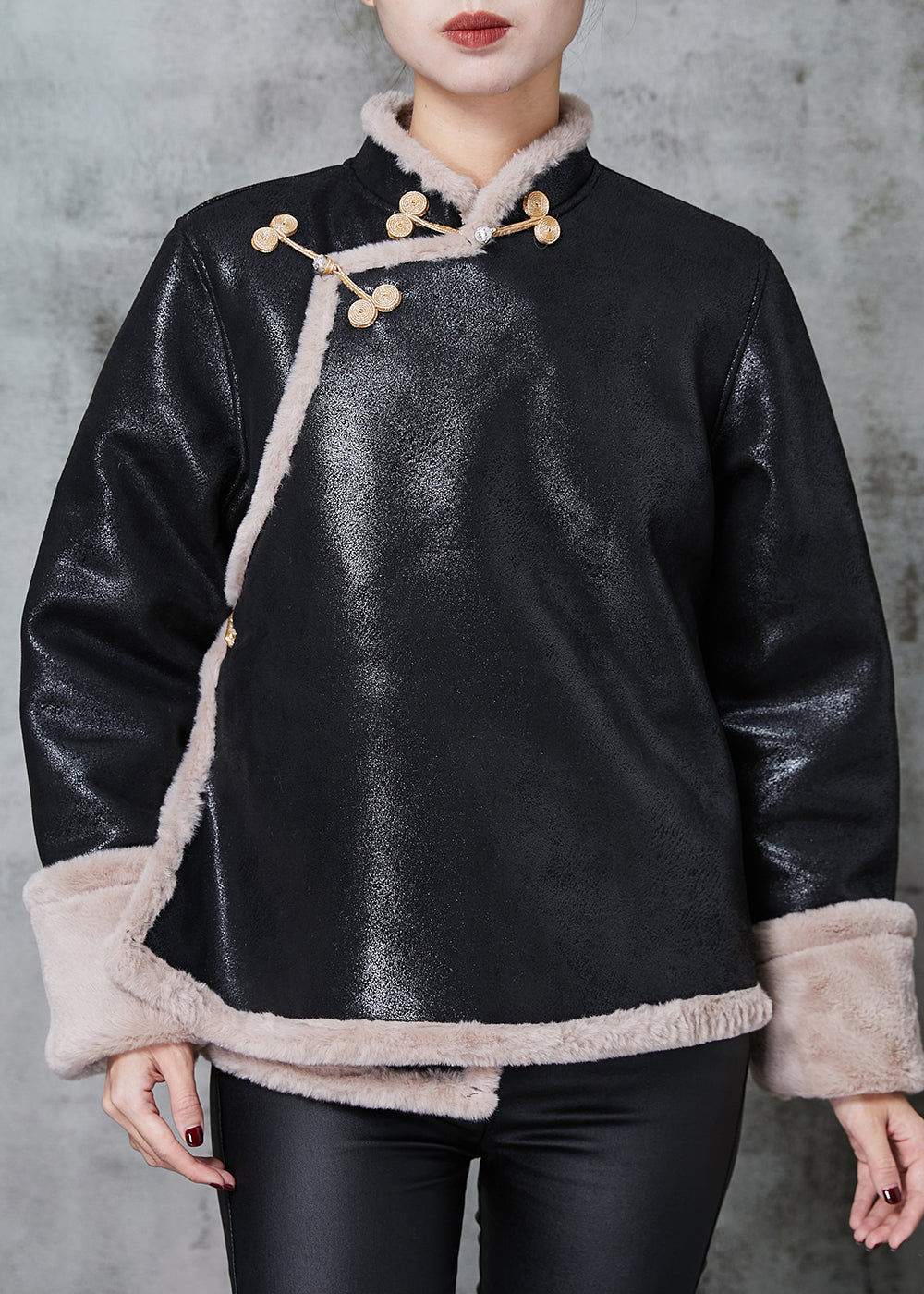 Art Black Mandarin Collar Warm Fleece Faux Suede Coats Spring