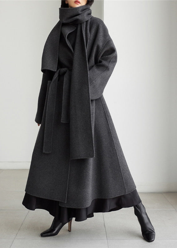 Art Grey Notched Pockets Woolen Coats Long Sleeve