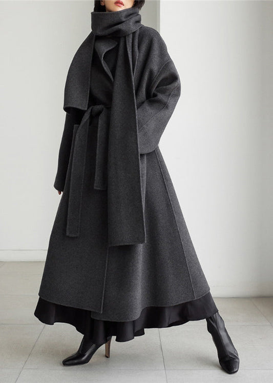 Art Grey Notched Pockets Woolen Coats Long Sleeve