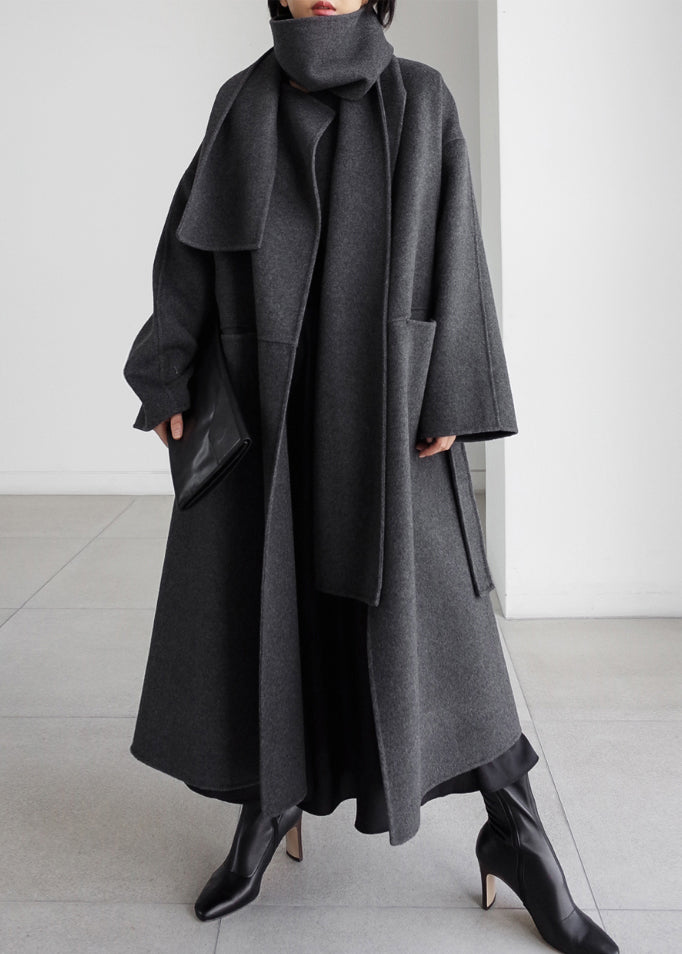 Art Grey Notched Pockets Woolen Coats Long Sleeve