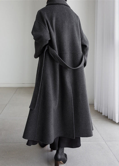 Art Grey Notched Pockets Woolen Coats Long Sleeve