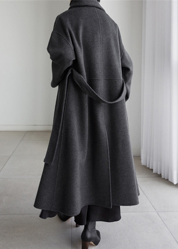 Art Grey Notched Pockets Woolen Coats Long Sleeve