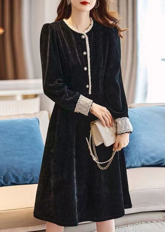 Art Black O-neck Lace Patchwork Thick Corduroy Maxi Dresses Spring