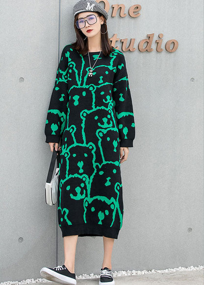 Art Black O-neck Loose Knit Fall Ankle Dress Long Sleeve