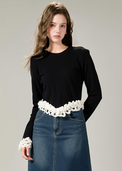 Art Black O-neck Nail Bead Patchwork Cotton Knit Sweater Winter