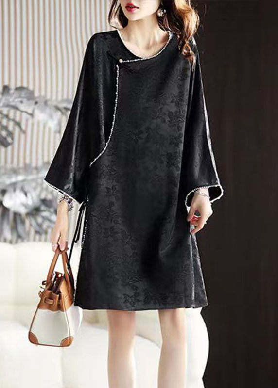 Art Black O-neck Nail Bead Silk Mid Dress Long Sleeve