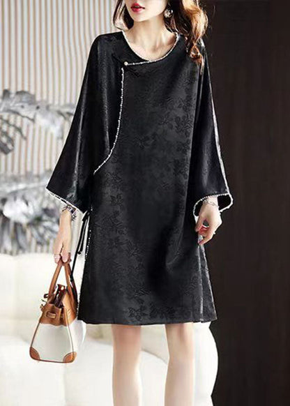 Art Black O-neck Nail Bead Silk Mid Dress Long Sleeve