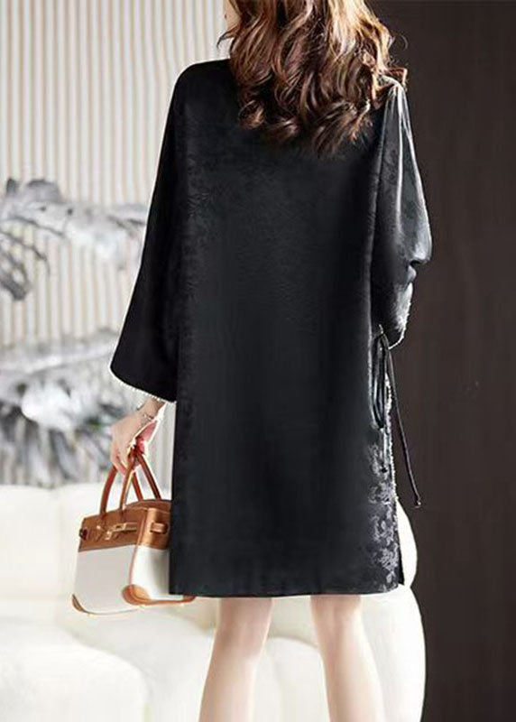 Art Black O-neck Nail Bead Silk Mid Dress Long Sleeve