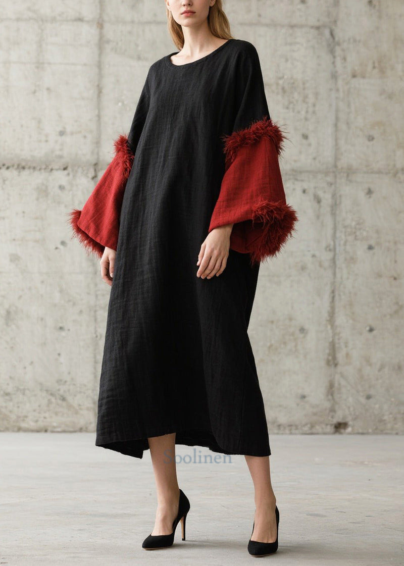 Art Black O-neck Patchwork Faux Fur Dresses Flare Sleeve