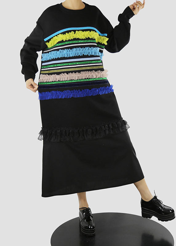 Art Black O-neck Ruffled Tulle Striped Patchwork Long Dresses Spring