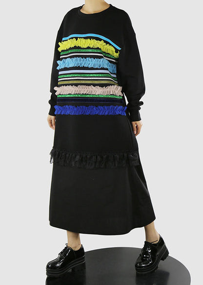 Art Black O-neck Ruffled Tulle Striped Patchwork Long Dresses Spring