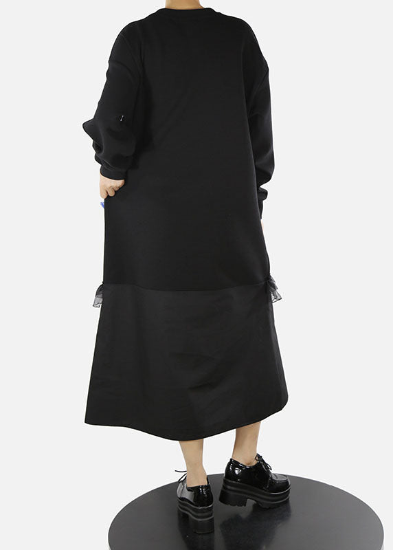 Art Black O-neck Ruffled Tulle Striped Patchwork Long Dresses Spring