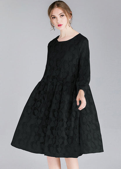 Art Black O-neck Bracelet Sleeved Day Dress Fall Lace Dress