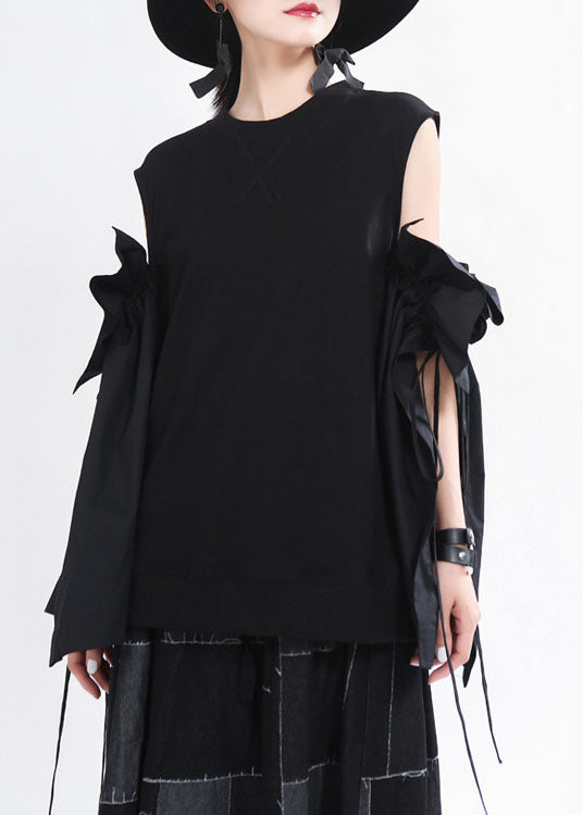 Art Black O-neck Drawstring Flare Sleeve Shirts Spring