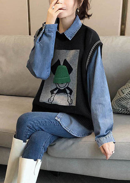 Art Black Oversized Jacquard Knit Vests and Denim Shirts Two Piece Set Clothing Winter