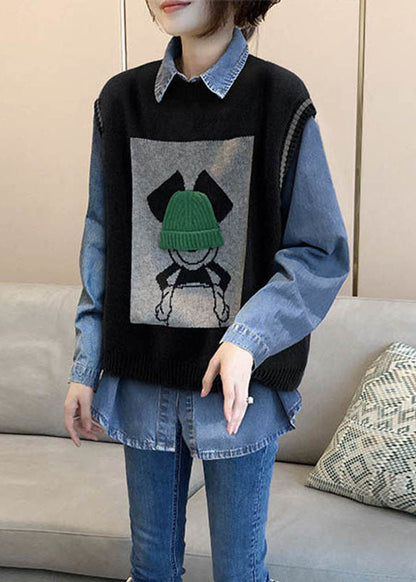 Art Black Oversized Jacquard Knit Vests and Denim Shirts Two Piece Set Clothing Winter