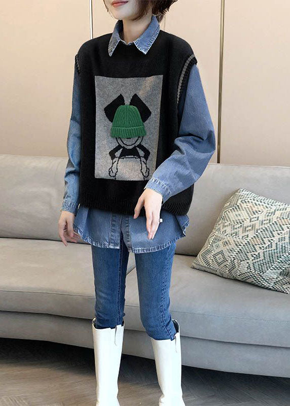 Art Black Oversized Jacquard Knit Vests and Denim Shirts Two Piece Set Clothing Winter