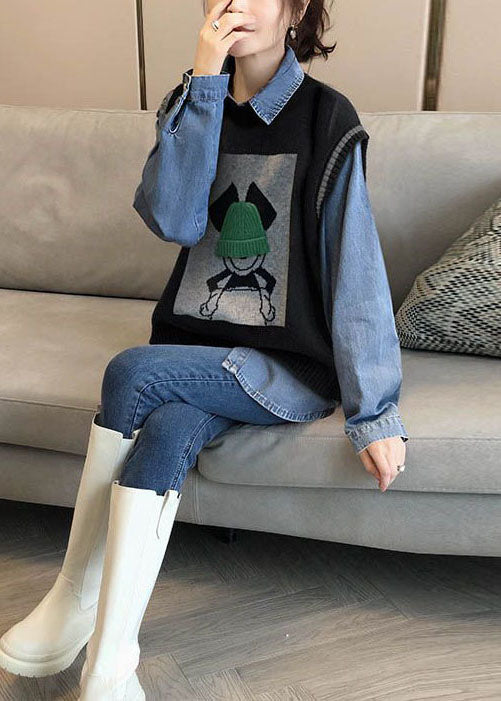 Art Black Oversized Jacquard Knit Vests and Denim Shirts Two Piece Set Clothing Winter