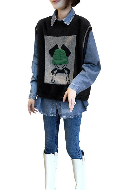 Art Black Oversized Jacquard Knit Vests and Denim Shirts Two Piece Set Clothing Winter