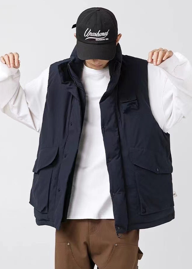 Art Black Oversized Pockets Fine Cotton Filled Vests Apparel Winter