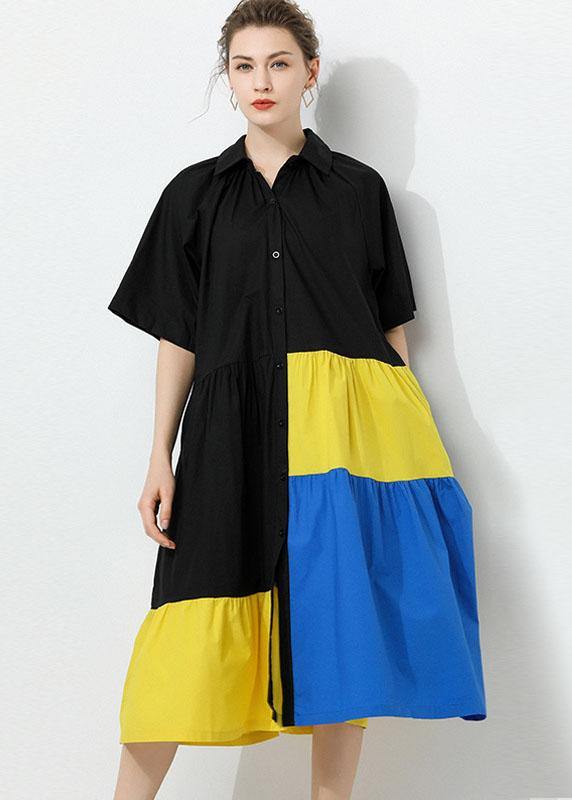 Art Black Patchwork Peterpan Collar Button Summer Cotton Dress Half Sleeve