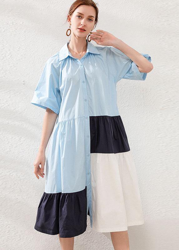 Art Black Patchwork Peterpan Collar Button Summer Cotton Dress Half Sleeve