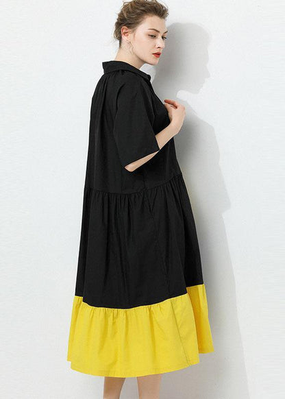 Art Black Patchwork Peterpan Collar Button Summer Cotton Dress Half Sleeve