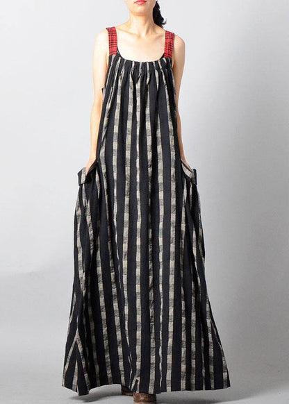 Art Black Plaid Patchwork Pockets Cotton Linen Summer Maxi Dresses
