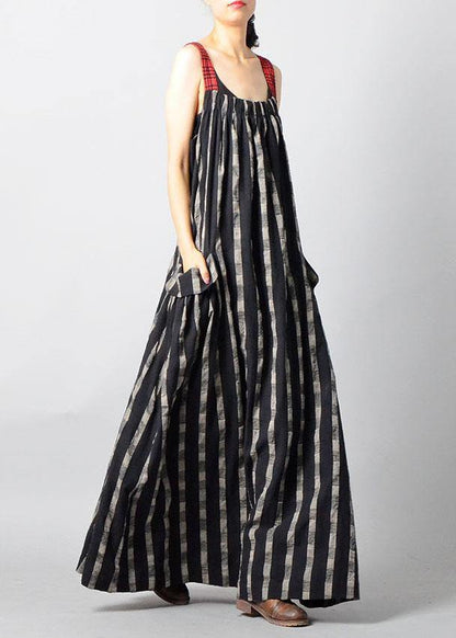 Art Black Plaid Patchwork Pockets Cotton Linen Summer Maxi Dresses