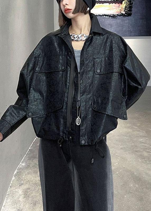 Art Black Pockets Button Zippered Fall Jackets Long Sleeve