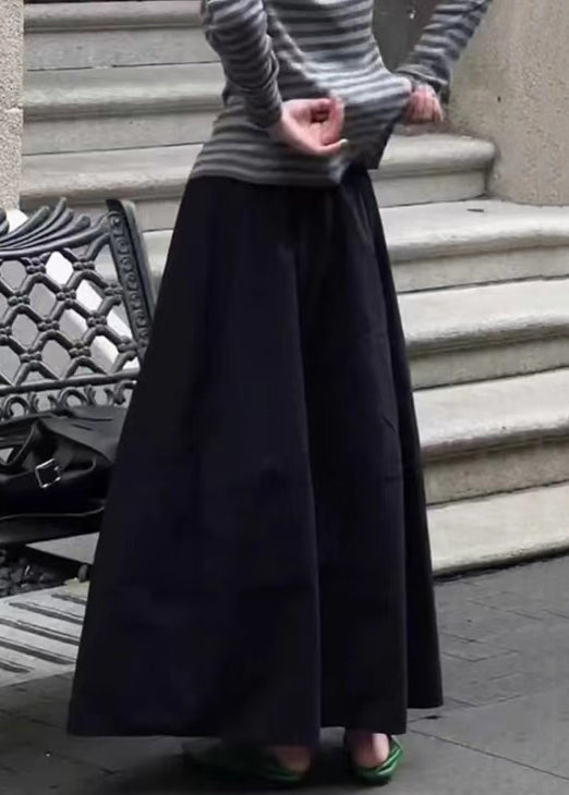 Art Black Pockets Elastic Waist Cotton Skirt Fall